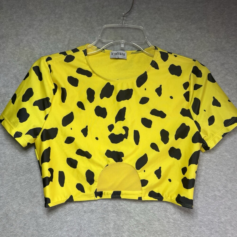 Icon Swim Yellow Leopard Print‎ Swim Top Cropped Womens Size Large Bold Vibrant